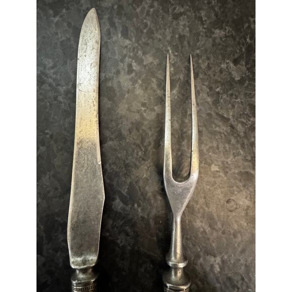 Antique Stag Handle Carving Knife & Fork Set Silver Ferrule Victorian Era - Picture 4 of 9